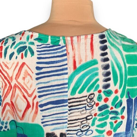 Orientque Alberobello Dress Blue Green Abstract Print Sleeveless Linen Blend - Picture 6 of 12